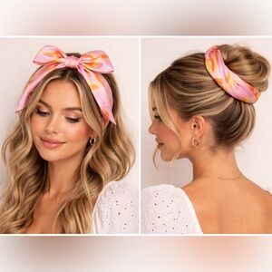 Pink & Orange Retro Swirl Satin Head Scarf | Hair Bow, Neck Scarf or Bun Wrap
